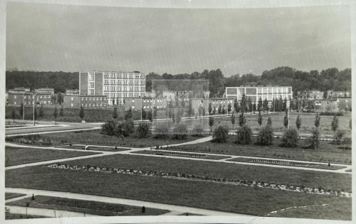 Areál škol vyfocený z obchodního domu přes park a svobodárny