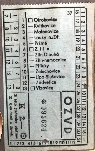 Jízdenka na vlak Otrokovice, Zlín, Vizovice, 1939