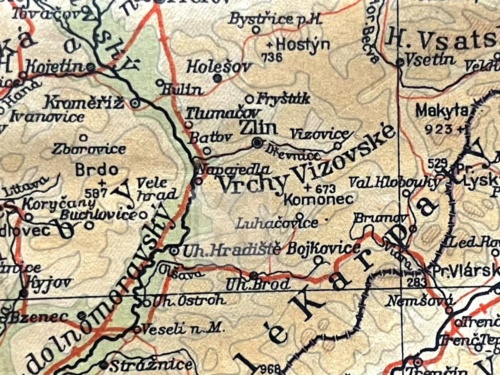 Přiblížení na Otrokovice, Mapa ČSR 1935, zajímavý je název „Baťov“, který tehdy ještě nebyl schválen Ministerstvem Vnitra